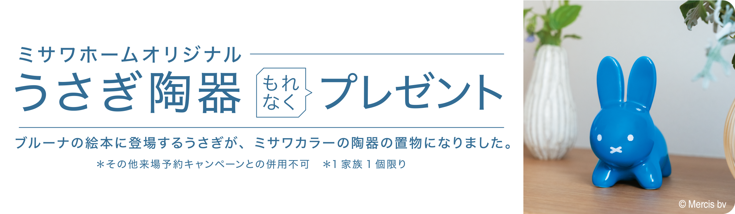 ご来場予約の上、対象会場へご来場いただくとミサワホームオリジナルうさぎ陶器をもれなくプレゼント ※1家族1個限り　※その他来場予約キャンペーンとの併用不可