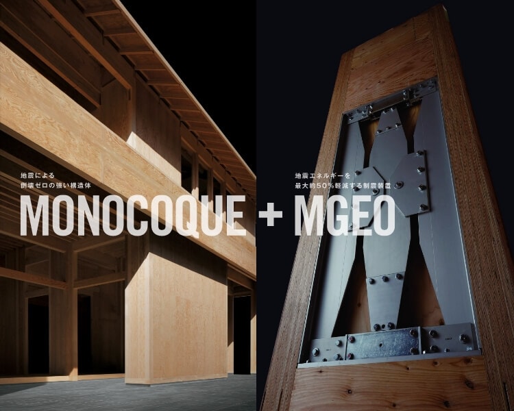 地震による倒壊ゼロの強い構造体MONOCOQUE + 地震エネルギーを最大50%軽減する制御装置MGEO