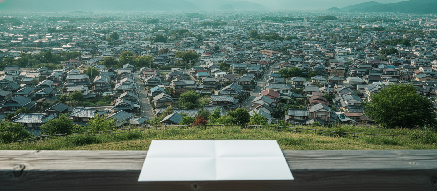 住宅街を見下ろす高台からの眺めと、手前に置かれた地図のイメージ