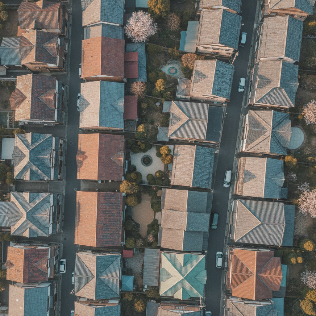 住宅地の街並みを上空から見下ろした情景（地図上で地域全体を俯瞰するイメージ）