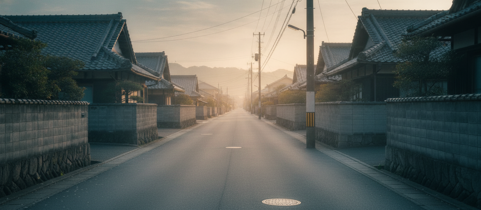 路線価図で調べる、道路沿いに家々が並ぶ住宅地のイメージ（朝の静かな街並み）