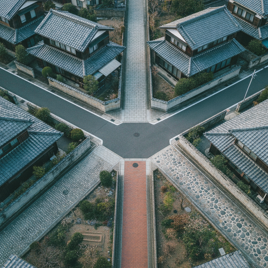 住宅地の交差点から複数の道路が伸びている情景（道路ごとに価格が定められているイメージ）