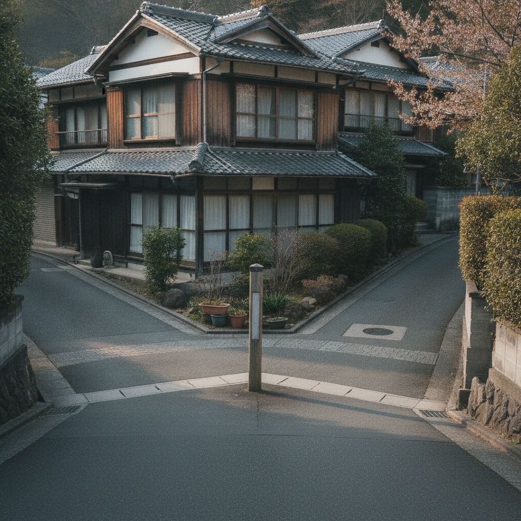 住宅街の分かれ道に立つ複数の道標の情景（複数の選択肢を比べるイメージ）