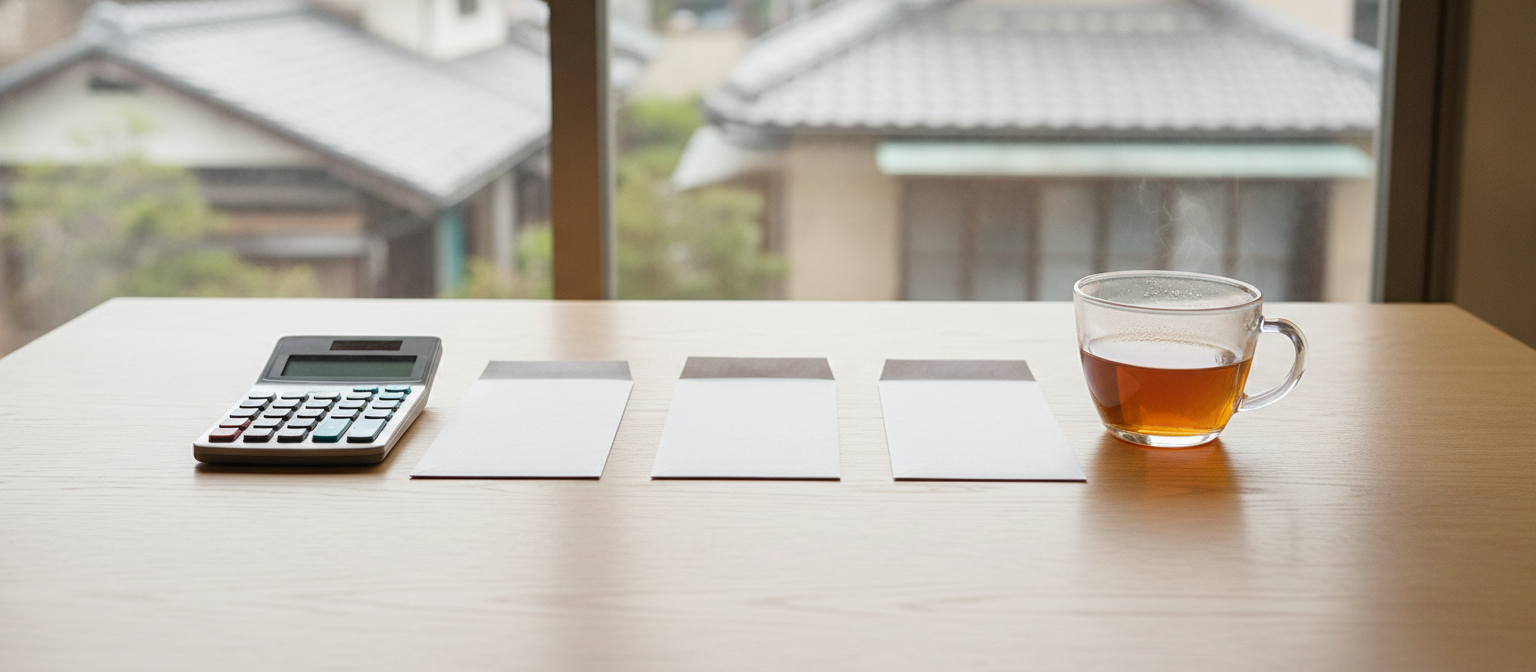 リビングのテーブルに複数の封書と電卓が置かれ、比較検討しているイメージ