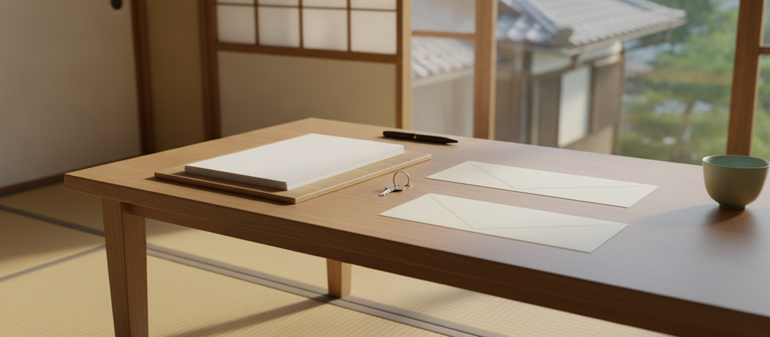明るい部屋の机の上に、書類の束と封筒、家の鍵が整理して並べられているイメージ