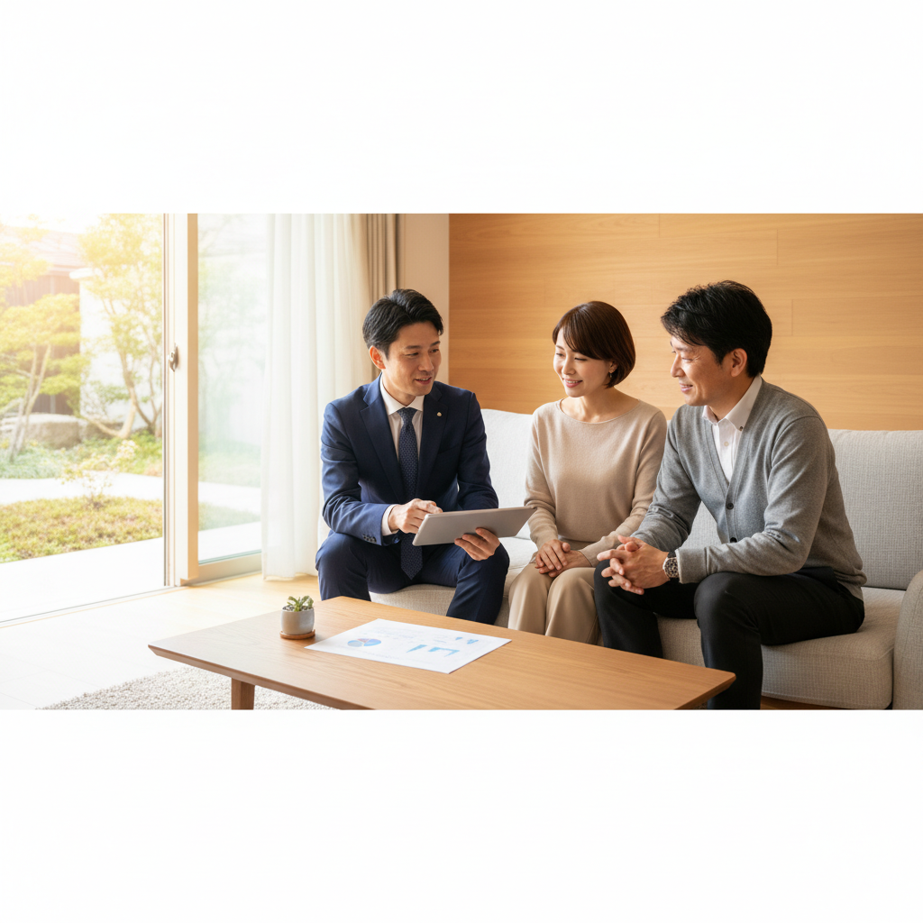 ミサワホームの担当者が不動産売却の査定結果を夫婦に説明している様子