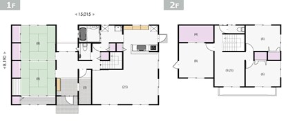 二世帯住宅プラン 南入り玄関 25帖LDK 和室2間