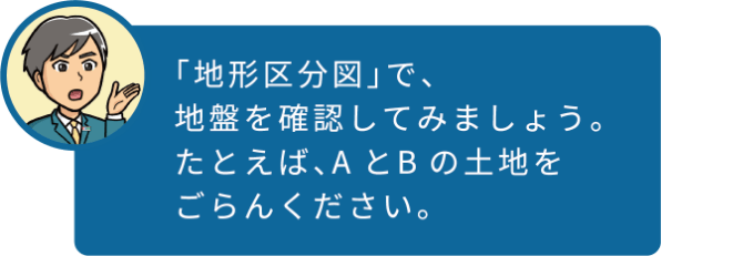 「地形区分図」で、地盤を確認してみましょう。たとえば、AとBの土地をごらんください。