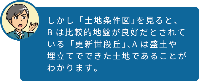 しかし「土地条件図」を見ると、Bは比較的地盤が良好だとされている「更新世段丘」、Aは盛土や埋立てでできた土地であることがわかります。