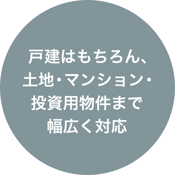 戸建はもちろん、土地・マンション・投資用物件まで幅広く対応