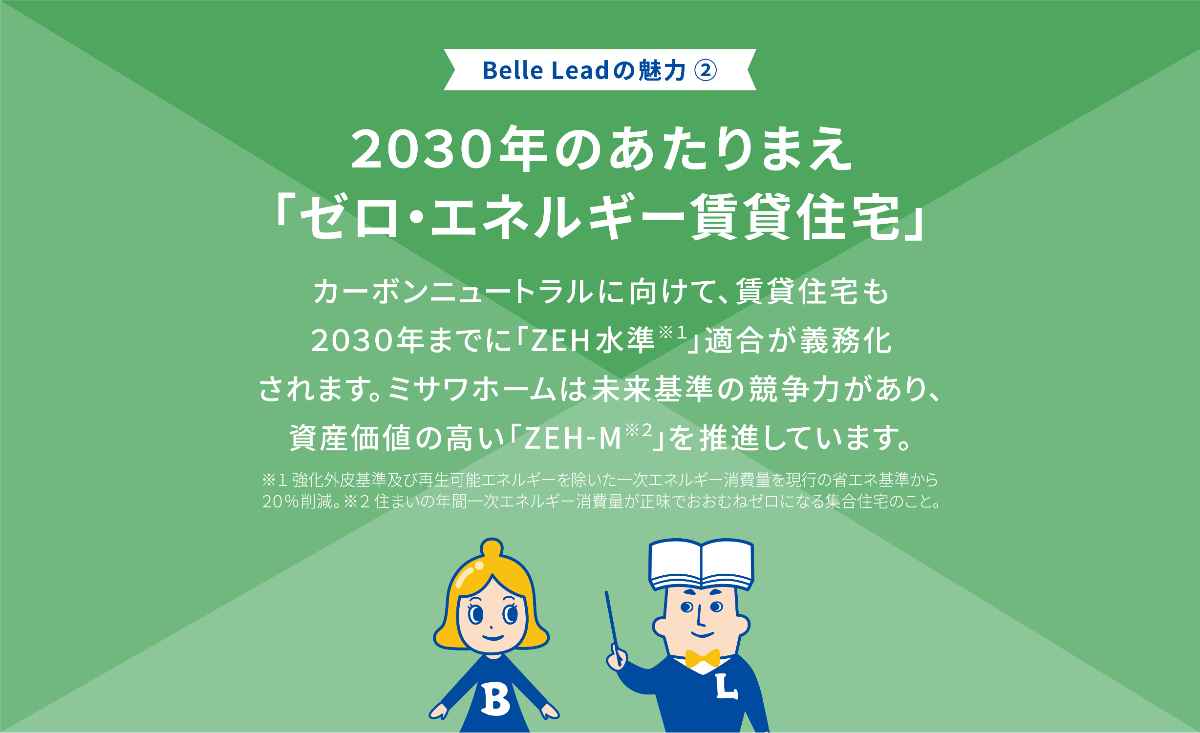 Belle Leadの魅力② 2023年のあたりまえ「ゼロ・エネルギー賃貸住宅」 カーボンニュートラルに向けて、賃貸住宅も2023年までに「ZEH水準※1」適合が義務化されます。ミサワホームは未来基準の競争力があり、資産価値の高い「ZEH-M※2」を推進しています。 ※1強化外皮基準及び再生可能エネルギーを除いた一次エネルギー消費量を現行の省エネ基準から20%削減。 ※2住まいの年間一次エネルギー消費量が正味でおおむねゼロになる集合住宅のこと。