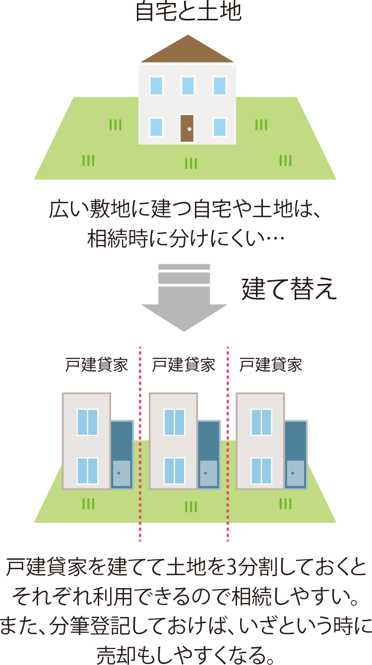 広い土地を分割して使えるので、相続時の分割対策に。