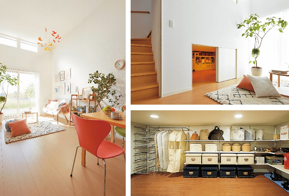 左：1階リビングの高い天井 右：リビングに設置された「蔵」収納例