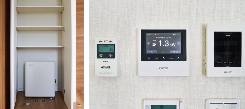 左：物入れ内部に設置した蓄電池。停電時などに力を発揮する。右：太陽光発電のモニター。