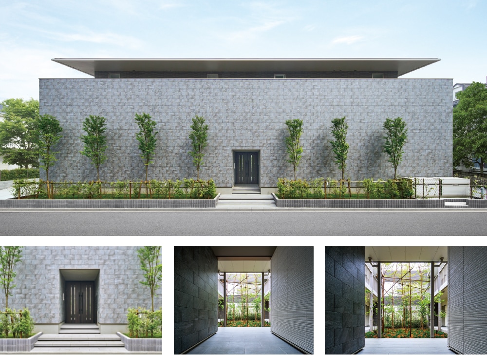上：建物に映える植栽は、ファサードの印象をやわらげる役割も担う。下：重厚なエントランス扉を開けると、視線の先に中庭が広がる。一度遮断された視界に緑と“ 抜け” が現れる演出は、オーナーさまと設計チームによる価値創造のひとつ。