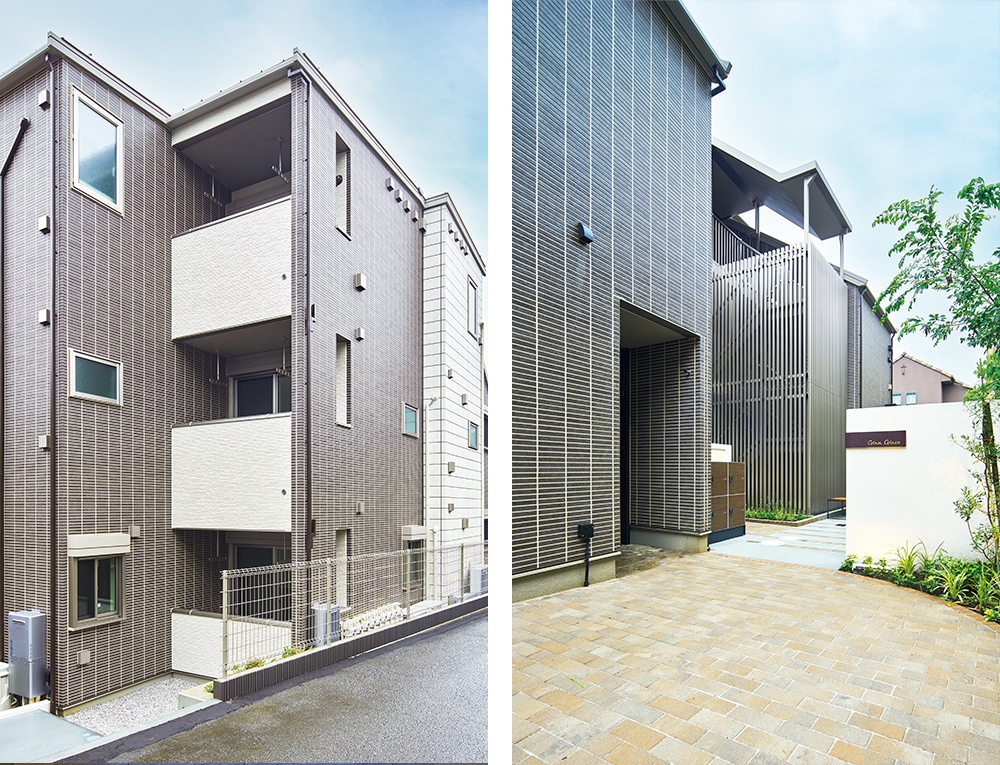 左:建物に凹凸をもたせ2面採光を実現。バルコニーにも開口部を設けた。<br>
右:縦格子が外壁の縦縞と呼応する階段室。屋根があるので雨をしのげる。