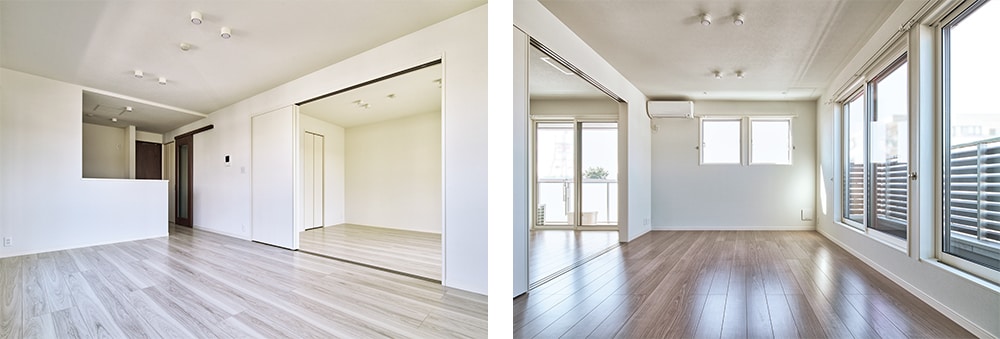 LDKに隣接する洋室の3連引き戸を開け放つと、2面彩光の大空間が出現。