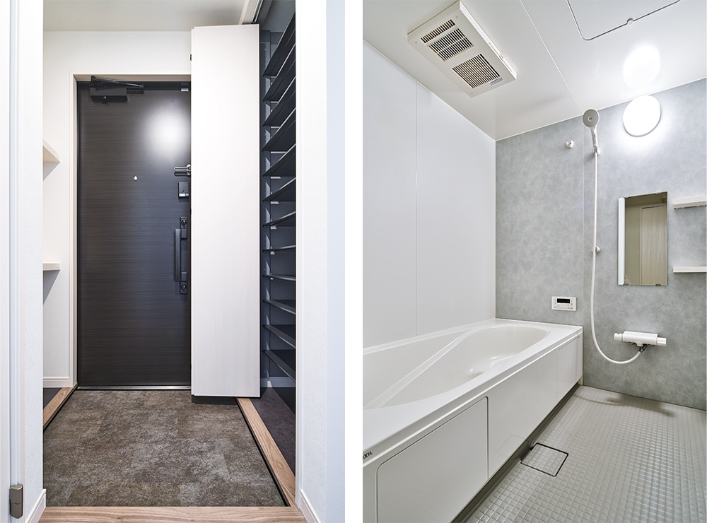 左：玄関ホールは人が動きやすい広さを確保。2段のカウンターと大容量の玄関収納を左右に振り分けて設置。<br>
				右：足を伸ばしてゆったり入れる1坪タイプのお風呂。
