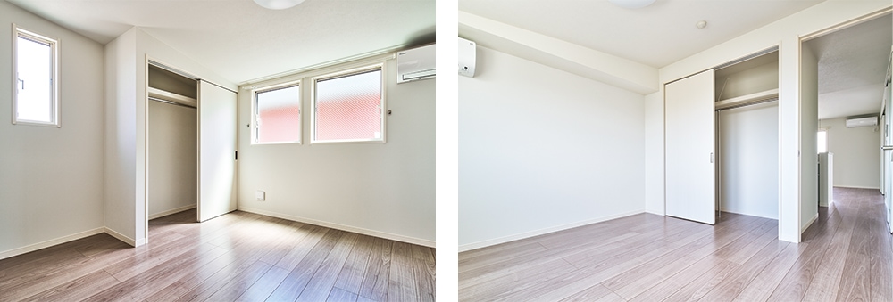 左：キッチン後方にLDKとつながる洋室を配置。扉を閉めれば落ち着いた空間に。<br>
					右：クロゼット横の空いたスペースは多目的に活用可能。デスクを置きワークスペースとしても重宝しそうです。