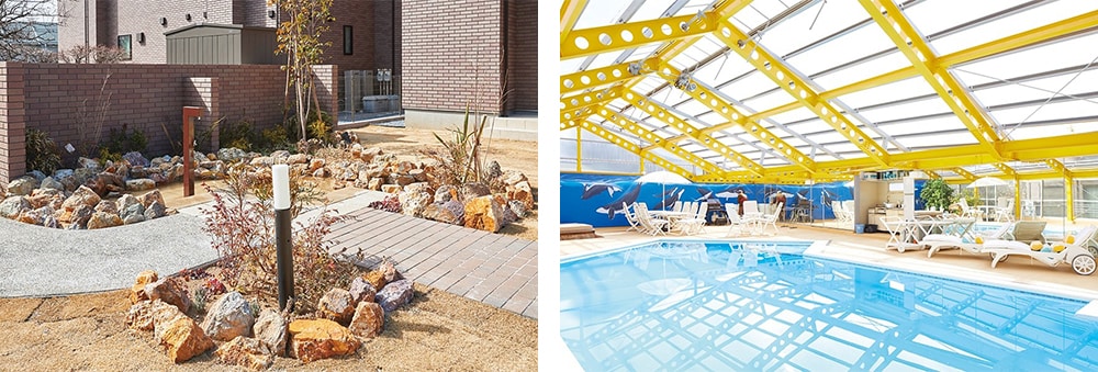 左：汲み上げた地下水を利用した水場を設置。夏場は子どもたちの遊び場にも<br>
				  右：入居者も利用できる屋内プールが魅力的