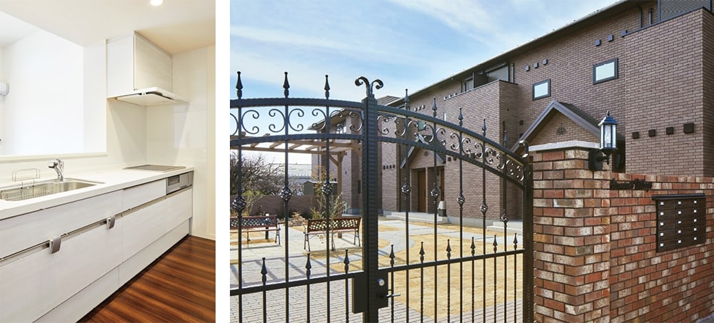 左：横幅のある対面型キッチン。3口IHでファミリー仕様に<br>
					右：外壁タイルの色調や風合い、門扉や外構も含めて世界観が統一された欧風な景観に