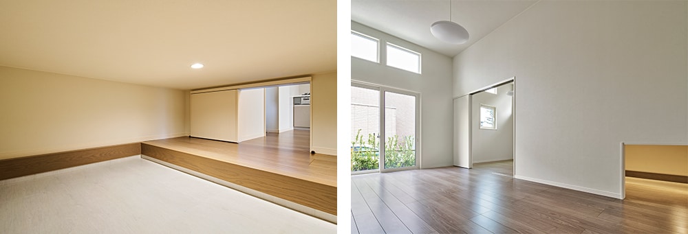 1階の5戸にはLDKから出入りする「土間蔵」を採用。床を掘り下げることで高さのあるものも収まり、フラットな部分は使用頻度が高めのものの収納に活用しやすい。