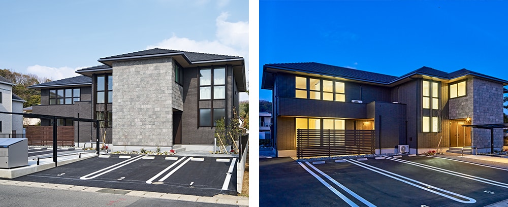 道路面にバルコニーを設置しなかったことも、賃貸住宅という印象を抑えるのに貢献。上下階で窓のラインをそろえた外観は、日中も夕暮れどきも上品な美しさを見せる。