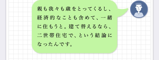 親も我々も歳をとってくるし、経済的なことも含めて、一緒に住もうと。建て替えるなら、二世帯住宅で、という結論になったんです。