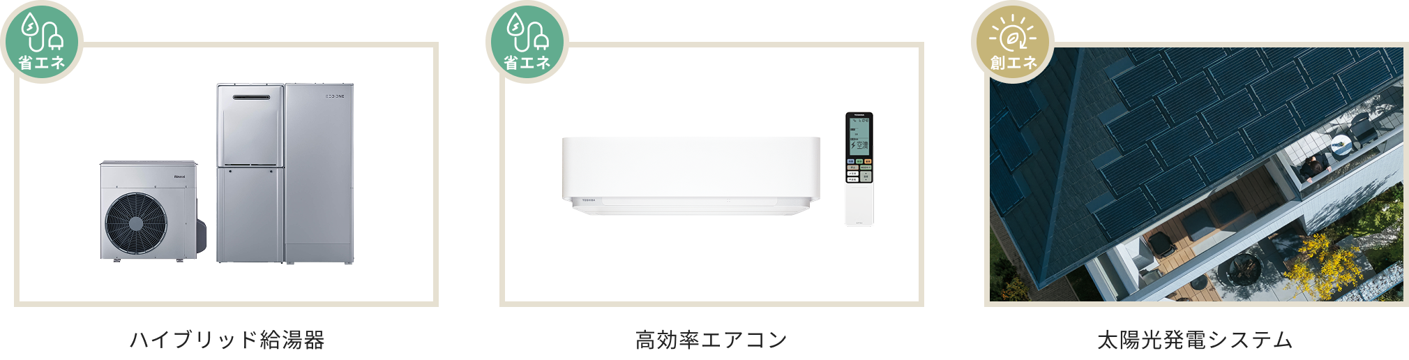 ハイブリット給湯器、高効率アイコン、太陽光発電システムを標準装備