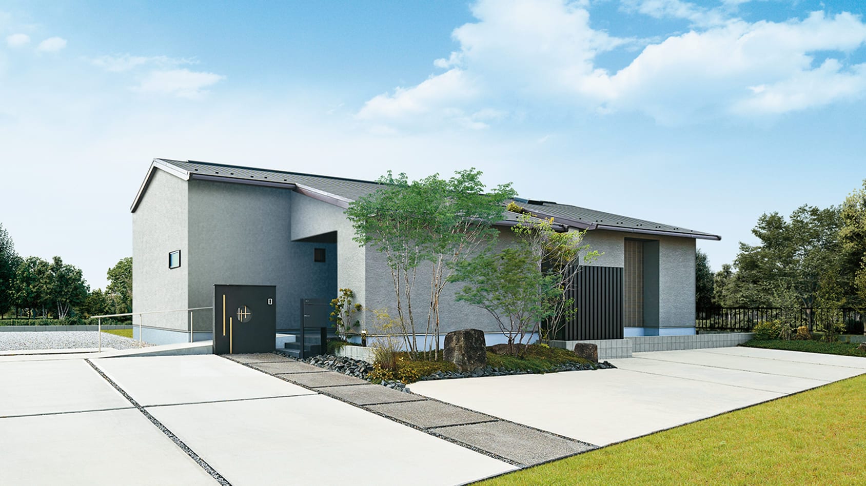 ヒノキの床と木目天井が美しい光が明るく差し込む和モダンな平屋の様子