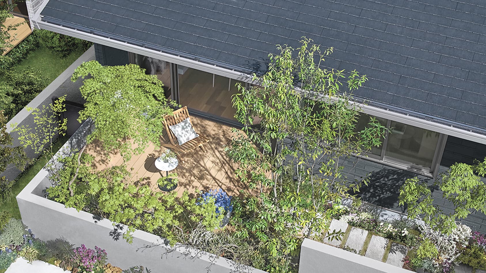 防犯・防災性を高めながら自然を感じることのできる平屋の様子