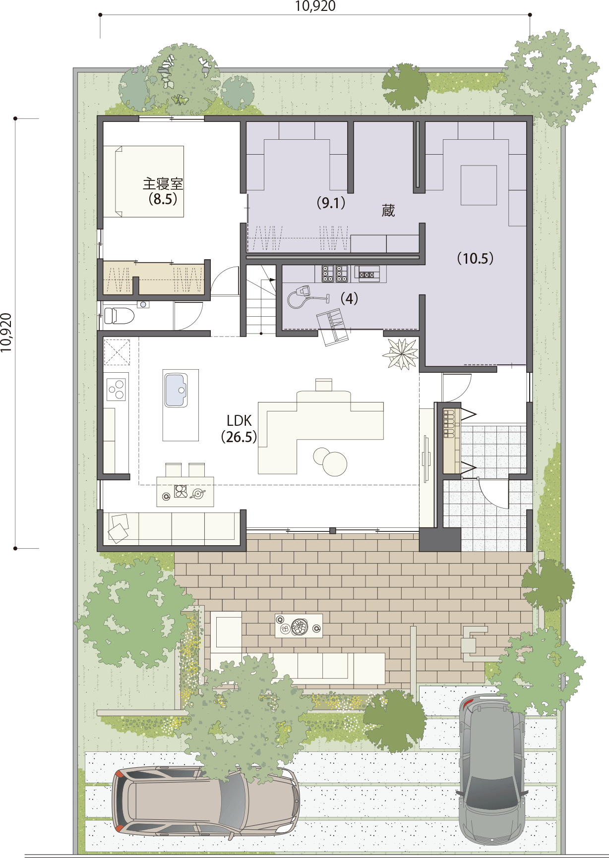 たっぷり収納ですっきりとした暮らしのできる平屋の間取り図