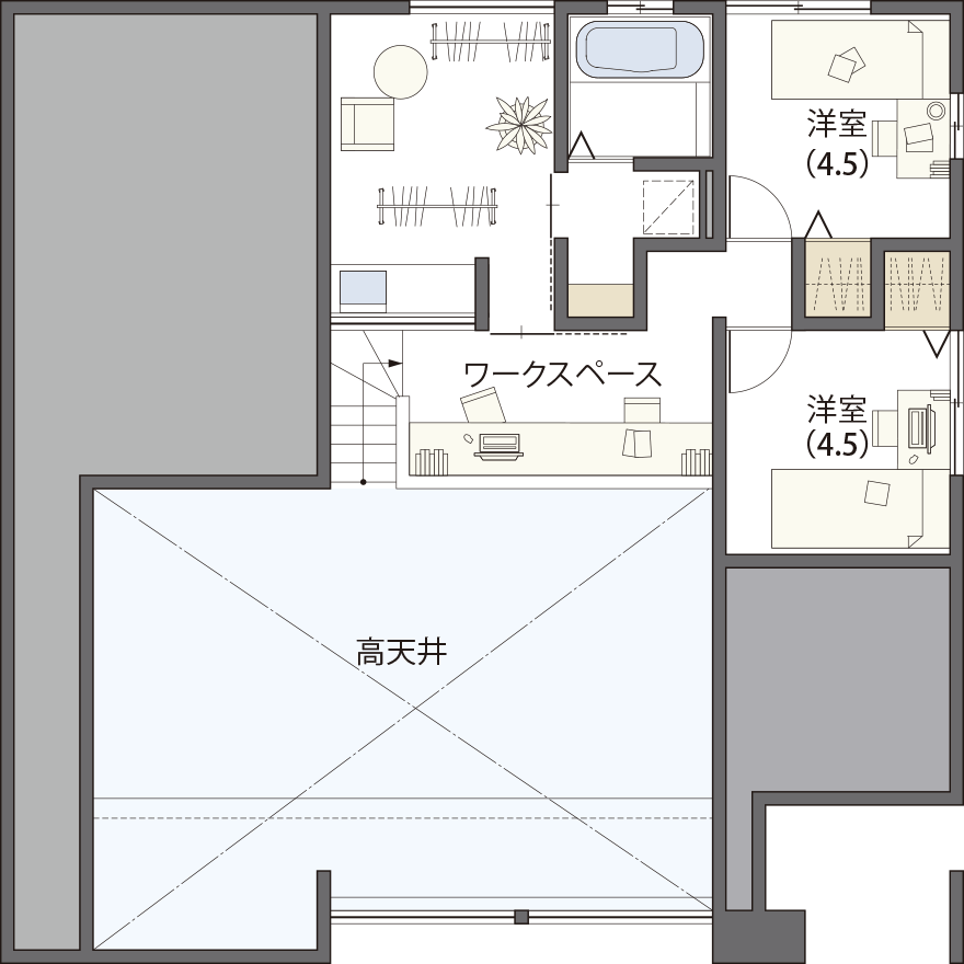 たっぷり収納ですっきりとした暮らしのできる平屋の間取り図
