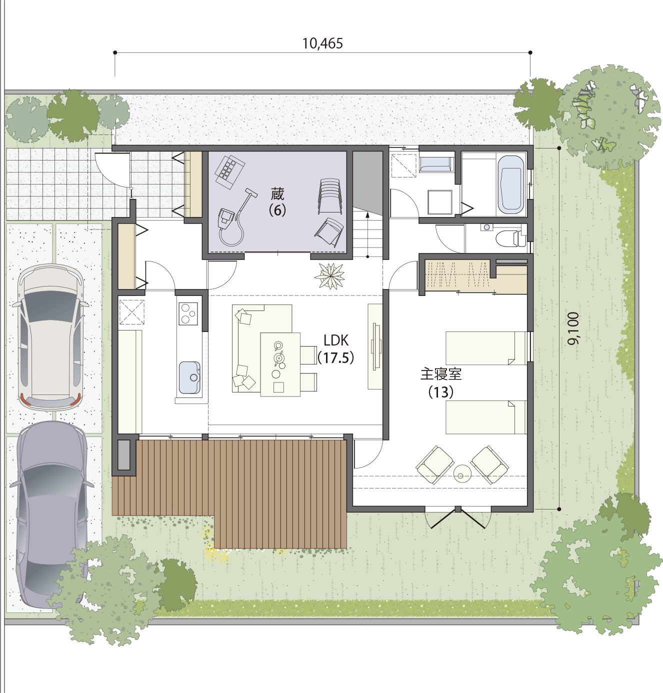 ゆったりとした二人暮らしの平屋の間取り図