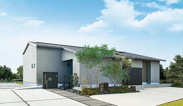 平屋の建築実例 大開口から光が明るく差し込む和モダンな平屋