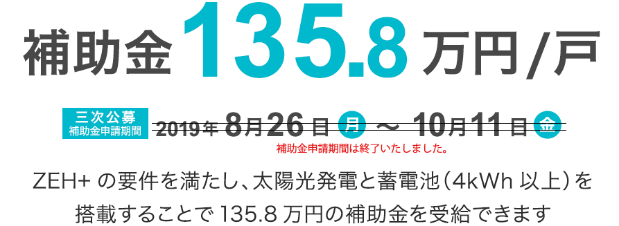 補助金135.8万円/戸　補助金申請期間2019年8月26日10時〜10月11日　ZEH+の要件を満たし、太陽光発電と蓄電池（4kWh以上）を搭載することで135.8万円の補助金を受給できます