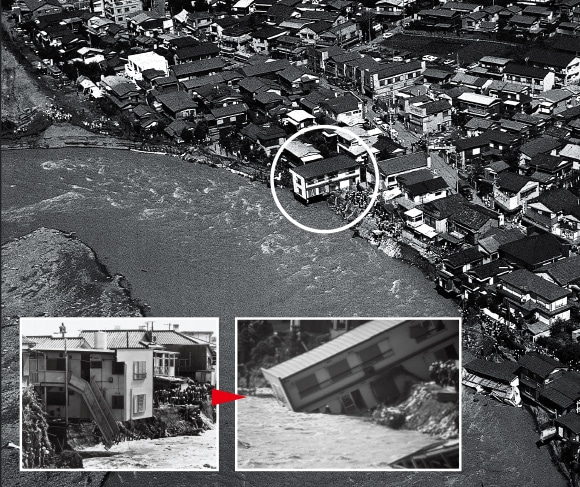 強固なモノコック構造により、台風の影響で基礎の土砂を半分削り取られても、建物本体は原形を保ったミサワホームの建物（1974年：多摩川決壊）