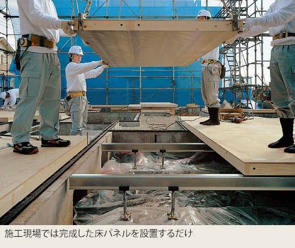 施工現場では完成した床パネルを設置するだけ。