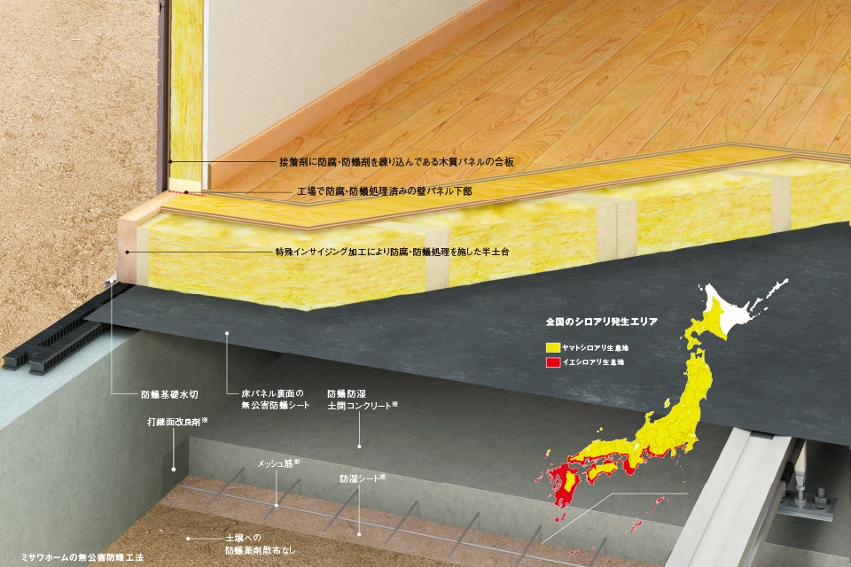 耐久性［防腐・防蟻］- 独自の無公害防蟻工法と防腐・防蟻処理で、10年保証とさらに10年ごとの保証延長を実現。