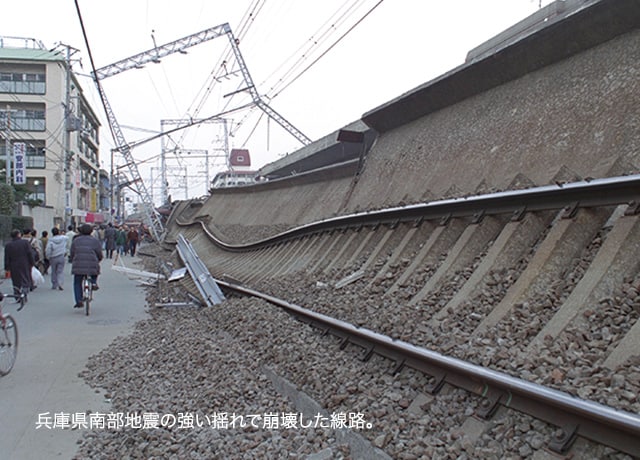兵庫県南部地震の強い揺れで崩壊した線路。
