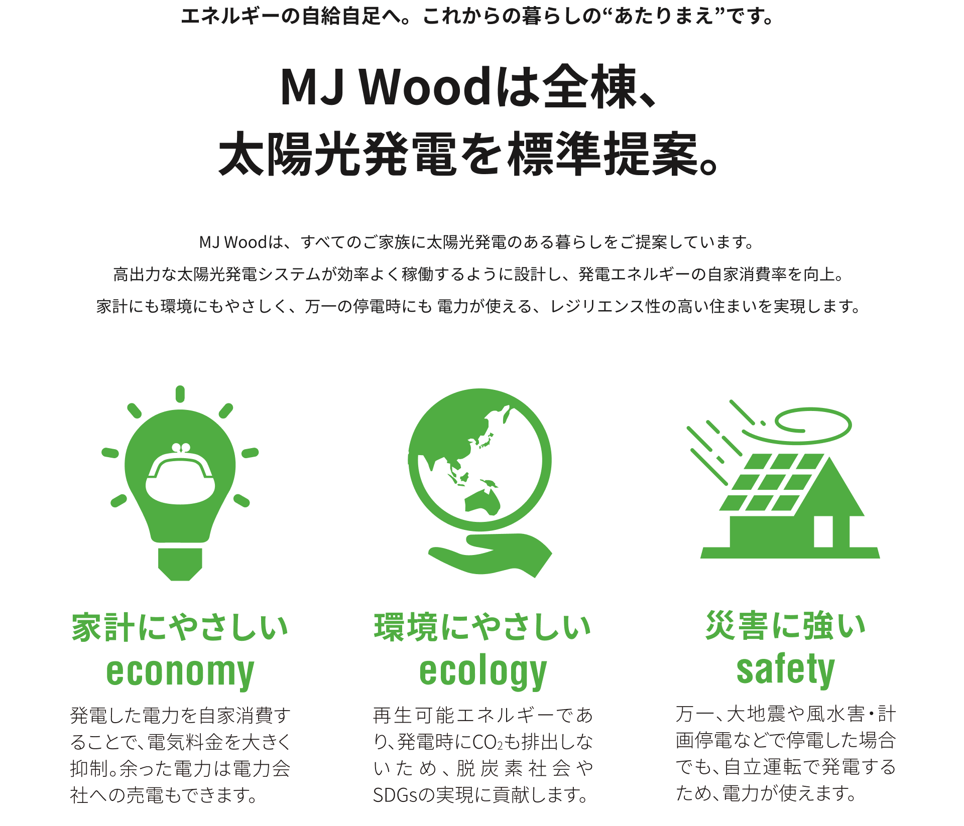 エネルギーの自給自足へ。これからの暮らしの“あたりまえ”です。MJ Woodは全棟、太陽光発電を標準提案。 MJ Woodは、すべてのご家族に太陽光発電のある暮らしをご提案しています。高出力な太陽光発電システムが効率よく稼働するように設計し、発電エネルギーの自家消費率を向上。家計にも環境にもやさしく、万一の停電時にも電力が使える、レジリエンス性の高い住まいを実現します。