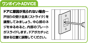 ワンポイントADVICE ドアに原因が見られない場合… 戸当りの受け金具(ストライク)を調整してみましょう。中心部のネジをゆるめると、内部のプレートがスライドします。ドアがカチッと閉る位置に調整してください。