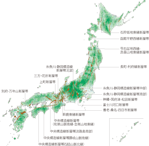 図：日本をとりまく海溝と主な活断層