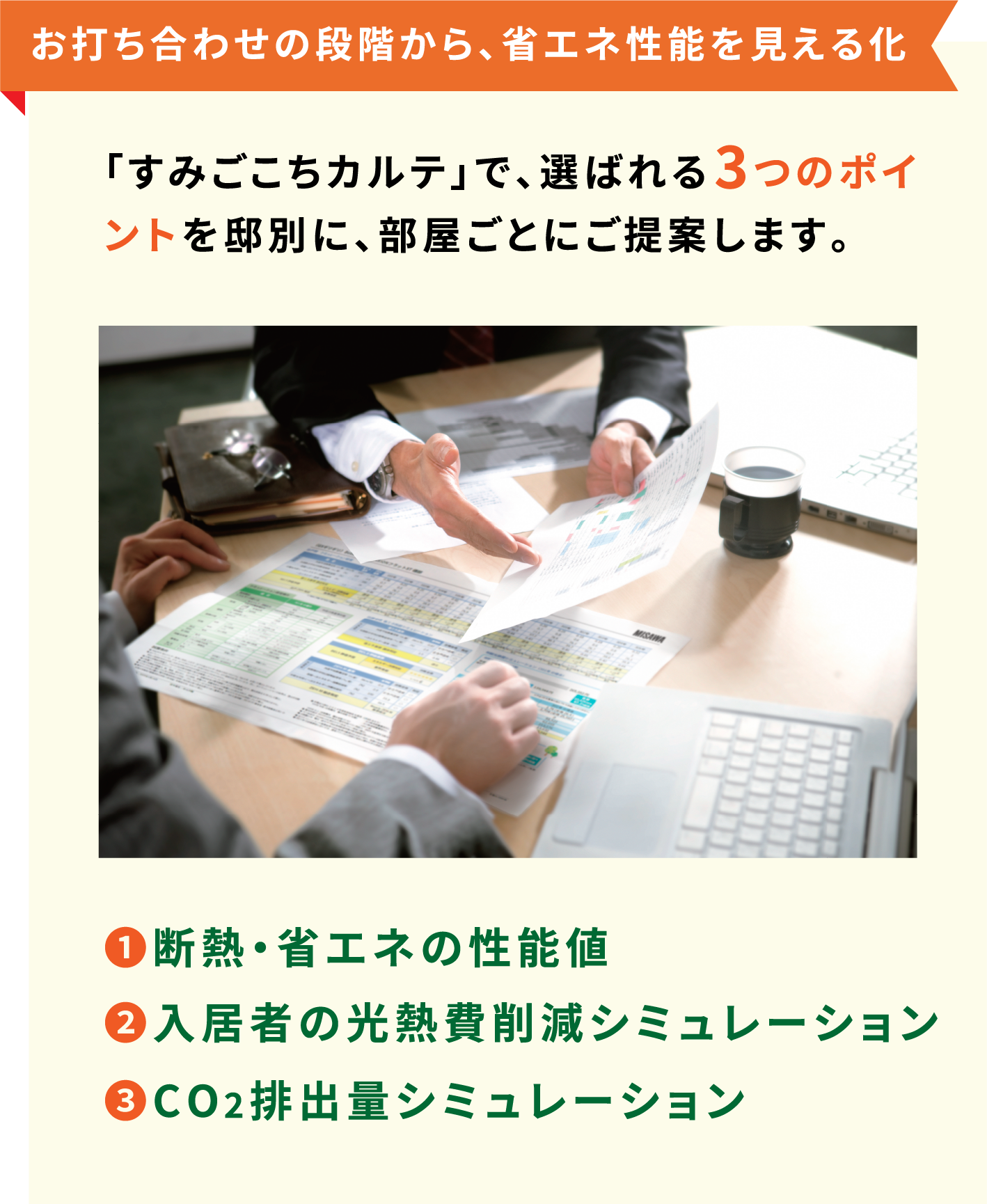 お打ち合わせの段階から、省エネ性能を見える化 「すみごこちカルテ」で、選ばれる3つのポイント
            を邸別に、部屋ごとにご提案します。❶断熱・省エネの性能値 ❷入居者の光熱費削減シミュレーション ❸CO₂排出量シミュレーション